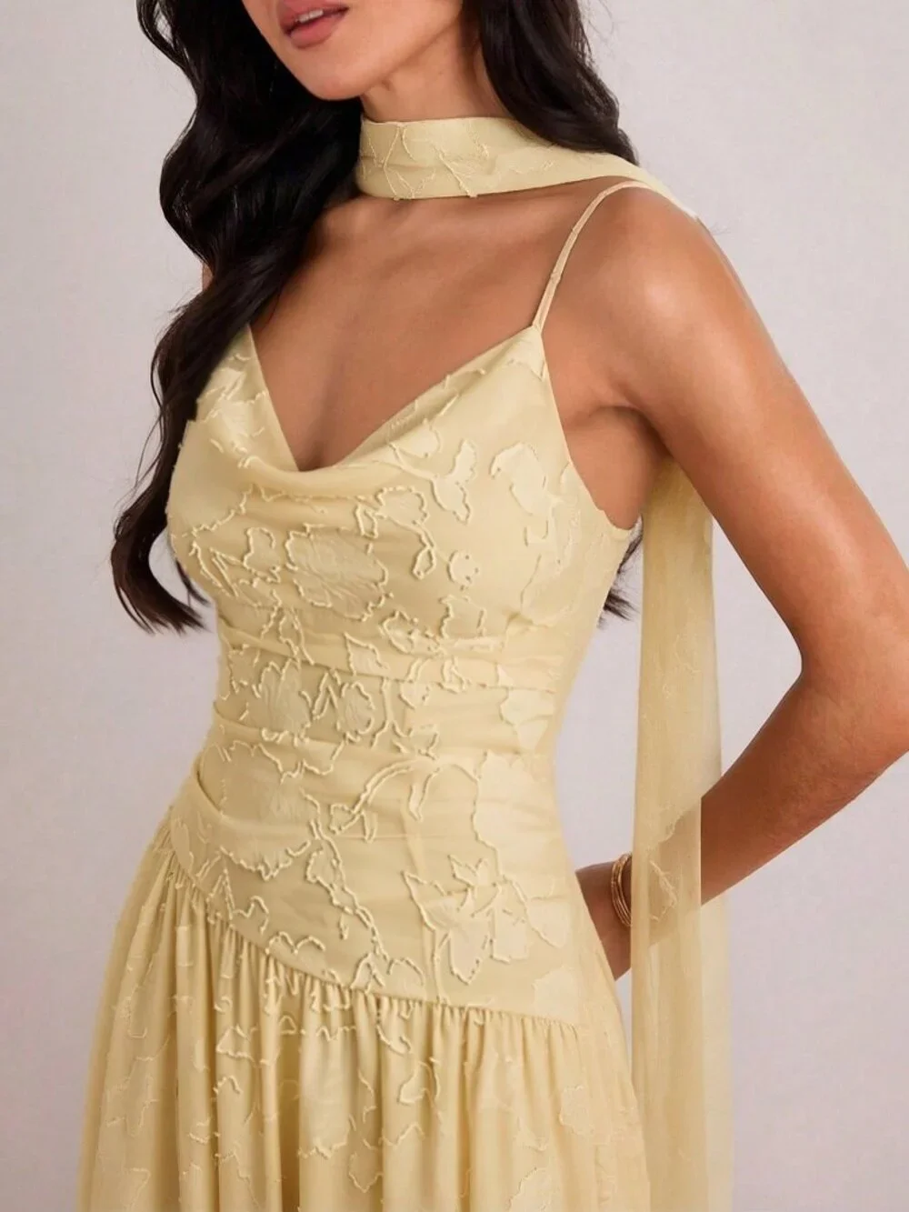 Yellow Elegant Women's French Sleeveless Off-Shoulder Cinched Waist Long Dress